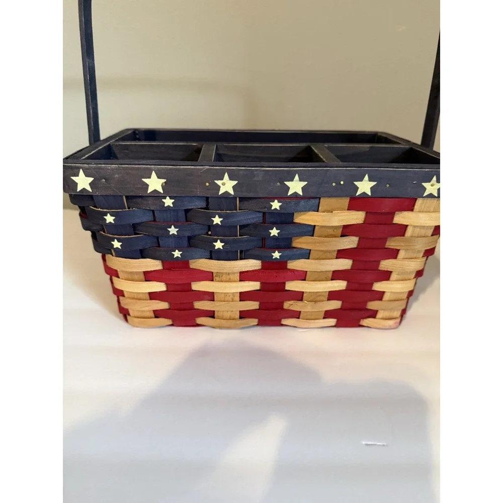Country Cottage Woven Wood Utensil Basket Patriotic American Flag Stars Stripes